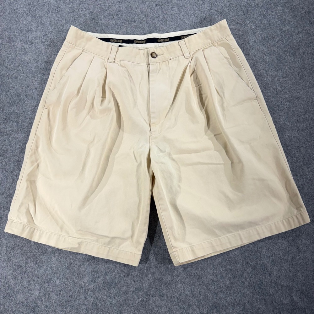 Country Road Mens Beige Pleated Chino Shorts Size 34 Tan Cotton Twill Casual